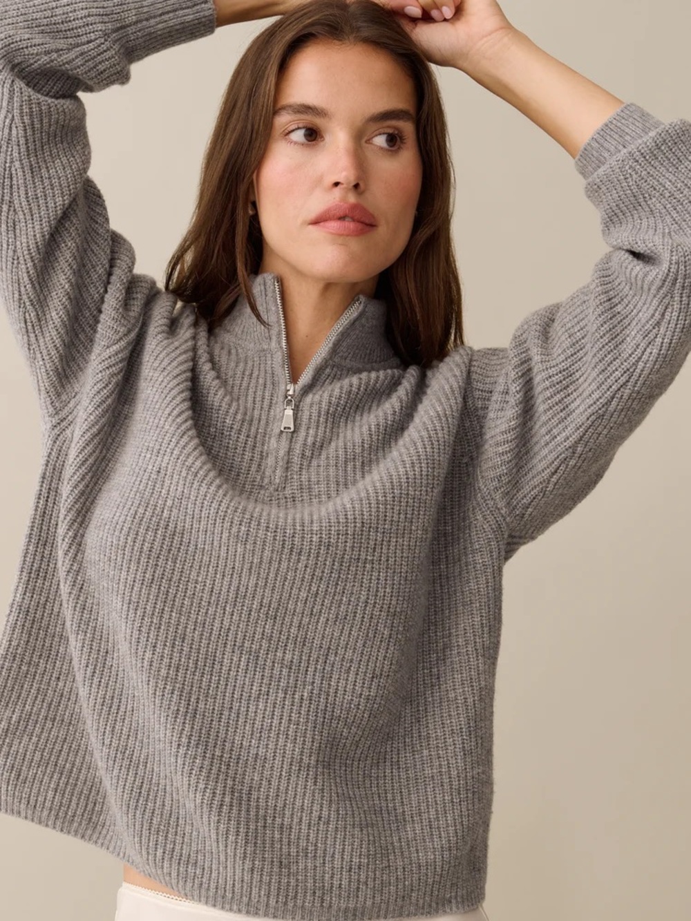 Half-Zip Ribbed Pullover Sweater - Gray